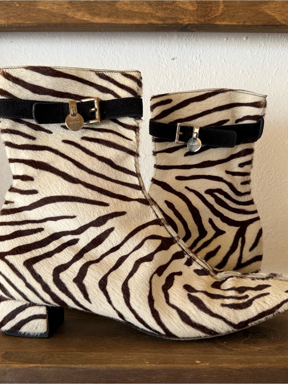 Vintage Prada Pony Hair Zebra Print Ankle Boots Size 37 Made in Italy